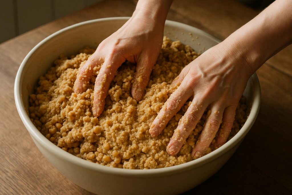 大豆と麹を混ぜ合わせる味噌作りの工程