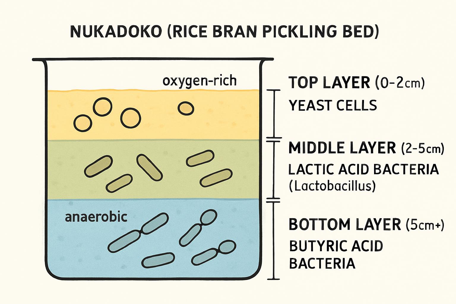Cross-section diagram of nukadoko showing microbial distribution in three layers